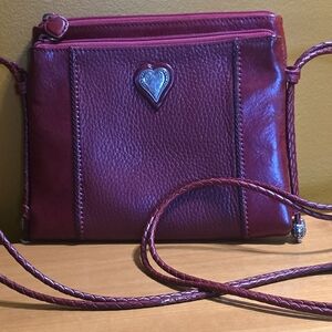 Brighton Red Leather Crossbody Organizer Braided Strap Heart Hardware Burgundy